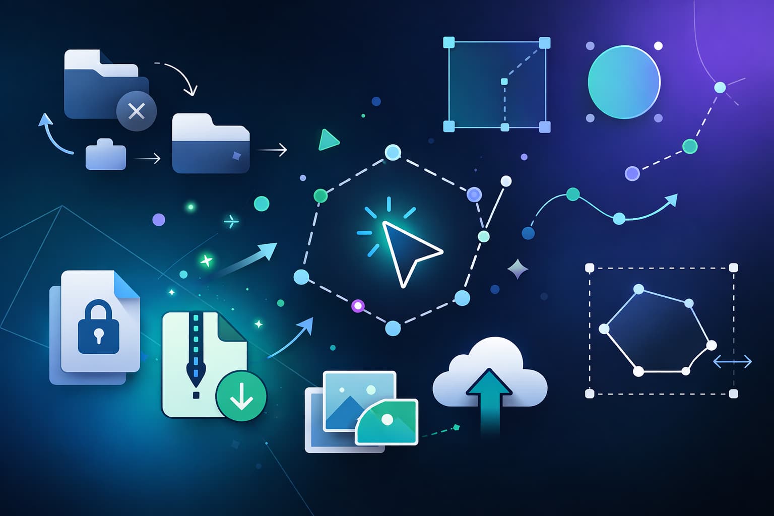 Abstract changelog artwork showing editable tracing tools, file actions, uploads, exports, and a resizable path on a blue-purple gradient background